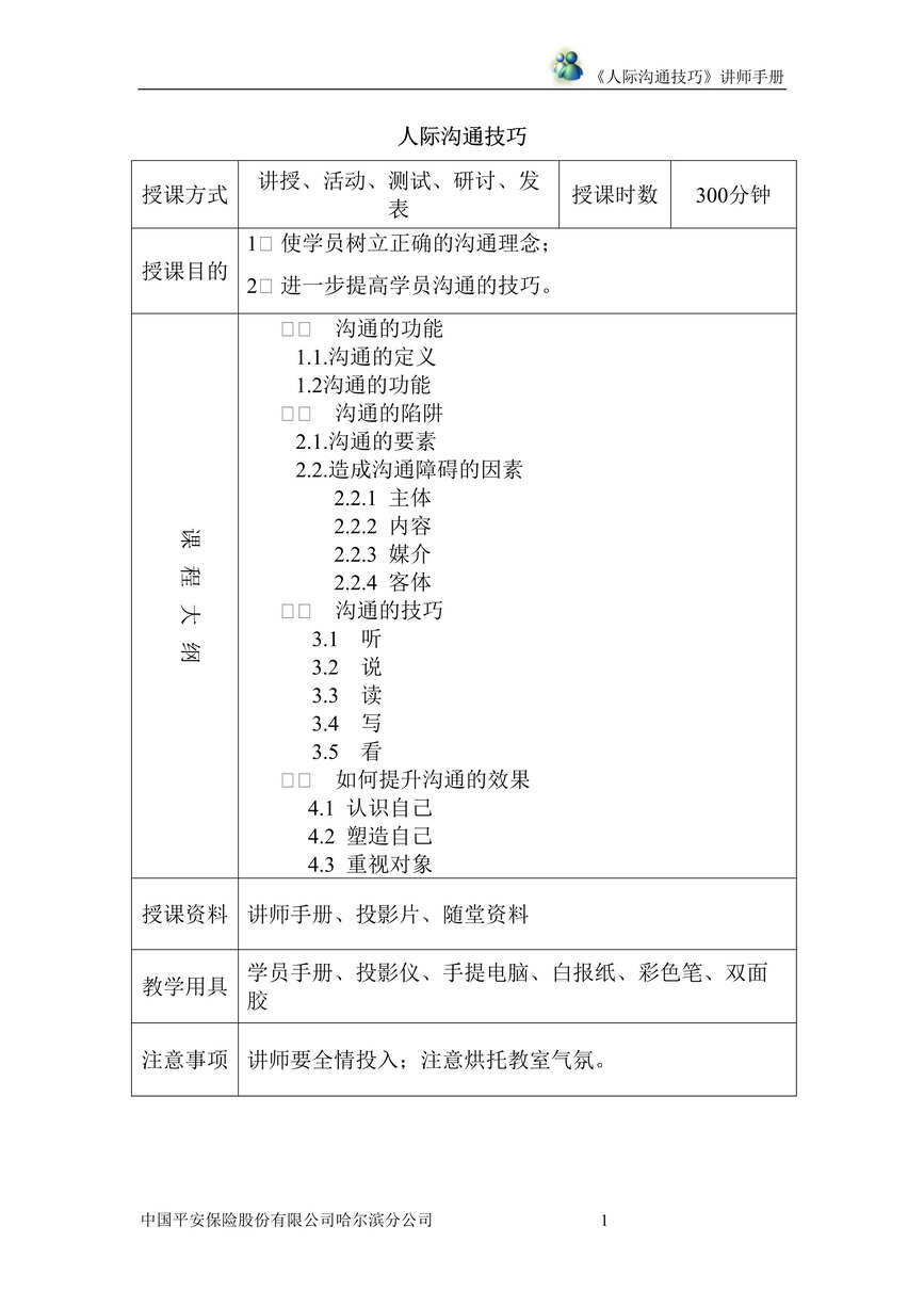 “平安保险培训欧亿·体育（中国）有限公司-人际沟通技巧_讲师手册(doc 24).rar”第1页图片