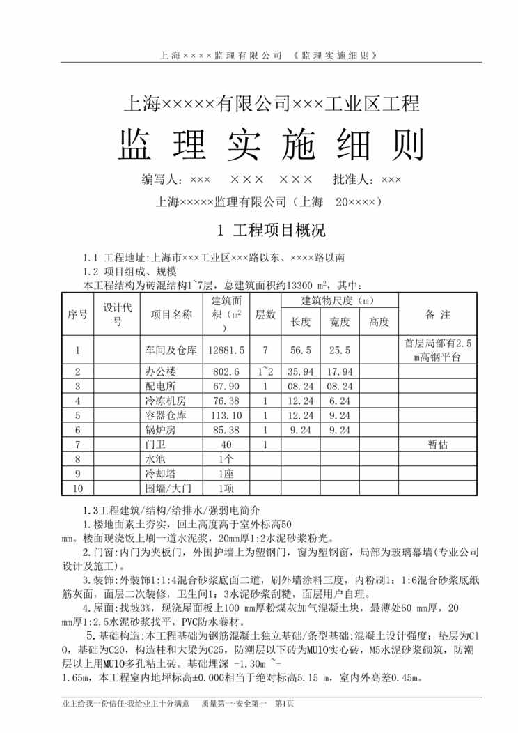 “上海×××××有限公司×××工业区工程监理实施细则(DOC　20).doc”第1页图片