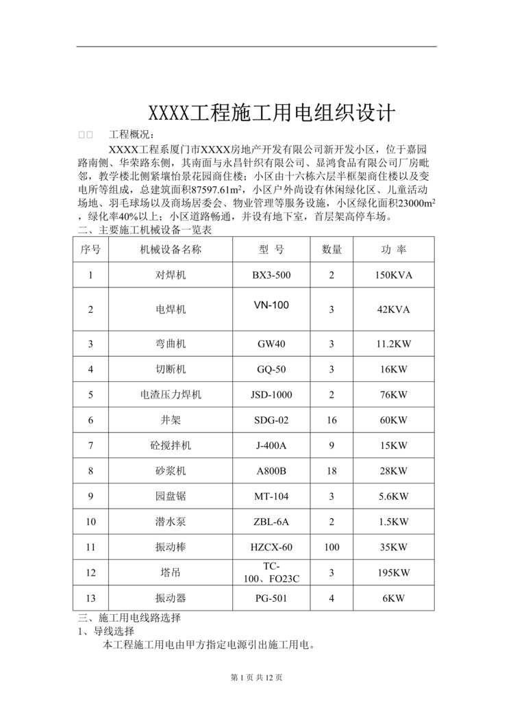 “XXXX工程施工用电组织设计(doc).rar”第1页图片