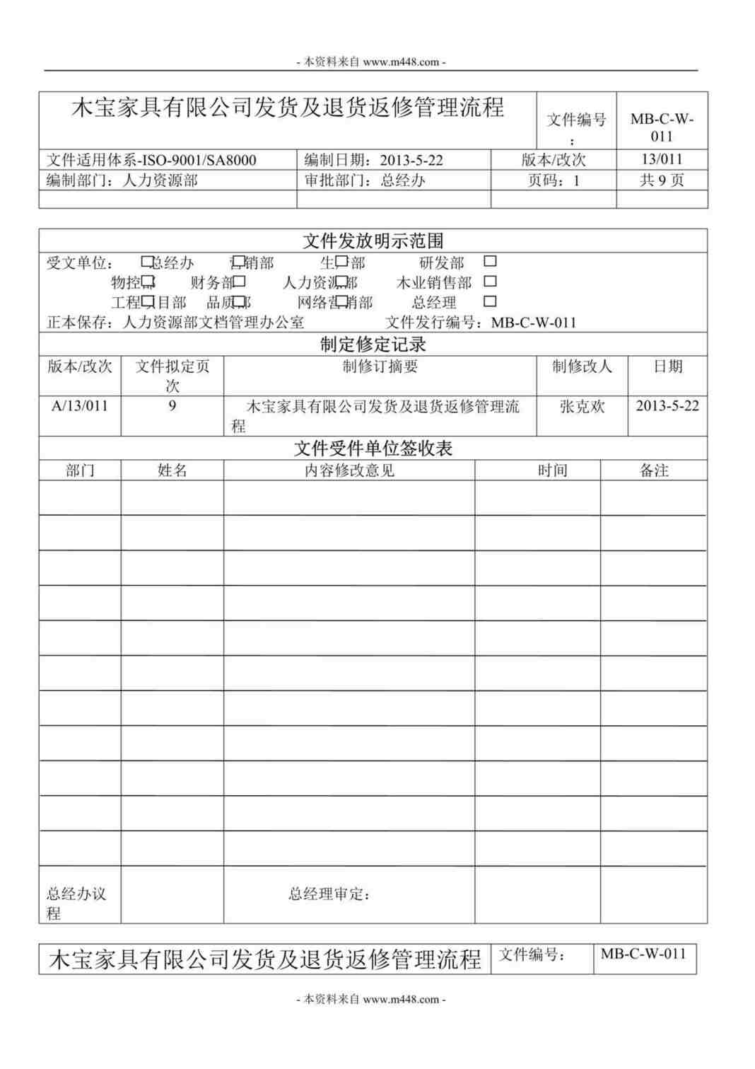 “木宝家具公司发货及退货返修管理流程DOC”第1页图片