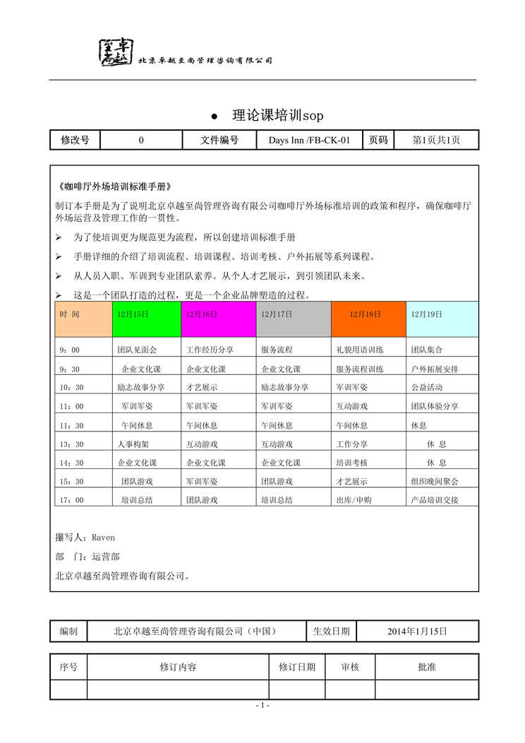 “卓越至尚管理咨询公司外场标准运作理论培训SOP程序手册DOC”第1页图片