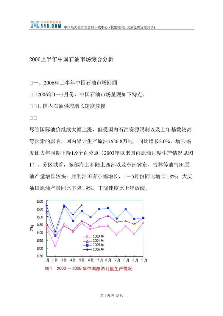 “2006上半年中国石油市场综合分析(doc 14).rar”第1页图片