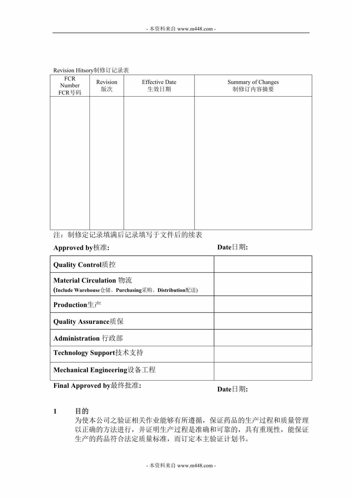 “富生制药公司标准操作规程之主验证主计划书DOC(28页)”第1页图片