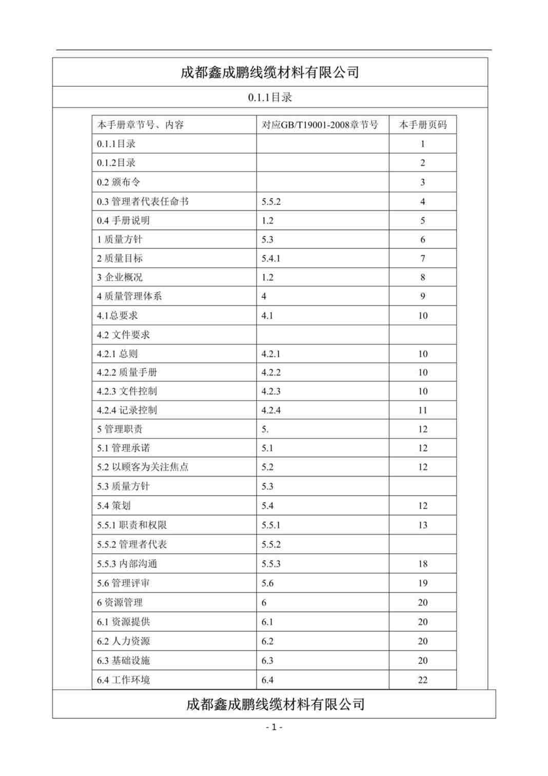 “鑫成鹏线缆材料有限公司ISO9001-2008质量手册DOC_47页”第1页图片