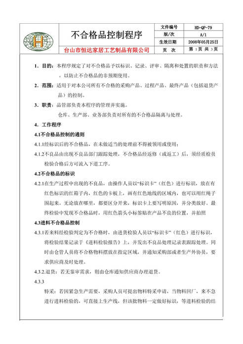 “恒达家居工艺制品公司不合格品控制程序文件DOC”第1页图片