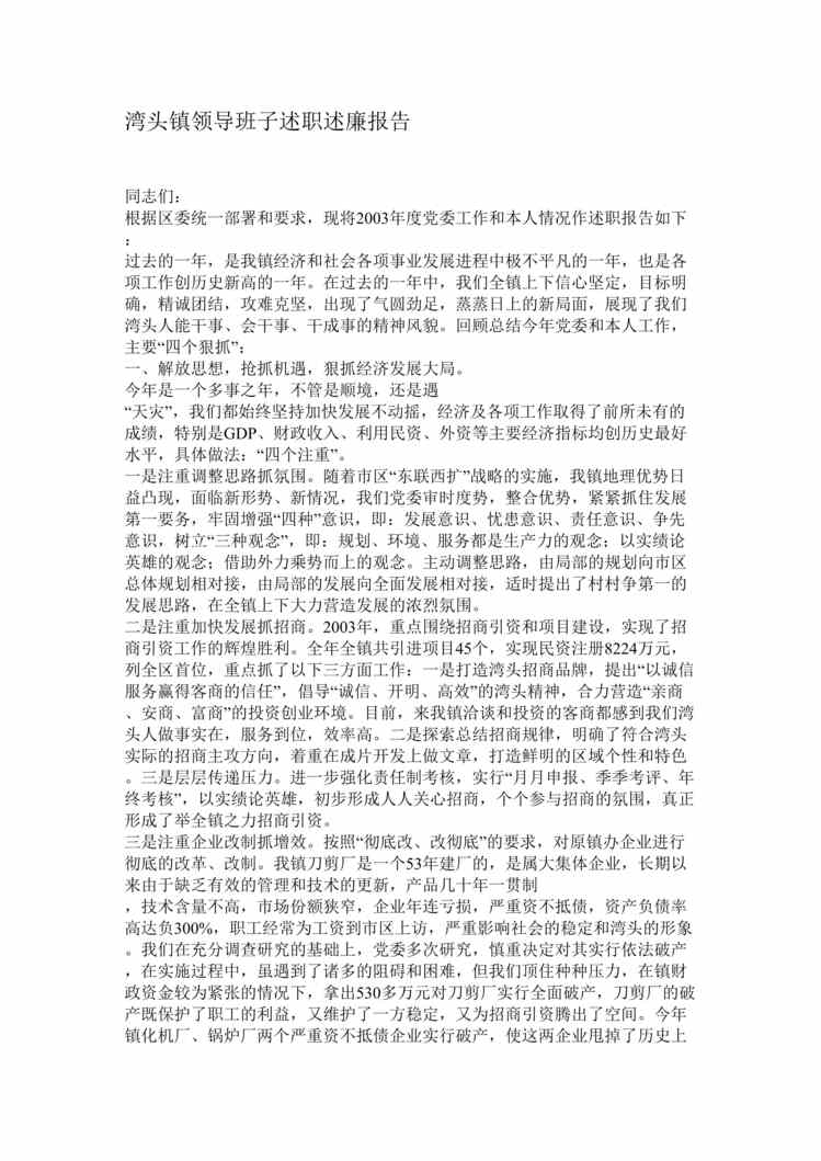 “湾头镇领导班子述职述廉报告(doc).rar”第1页图片