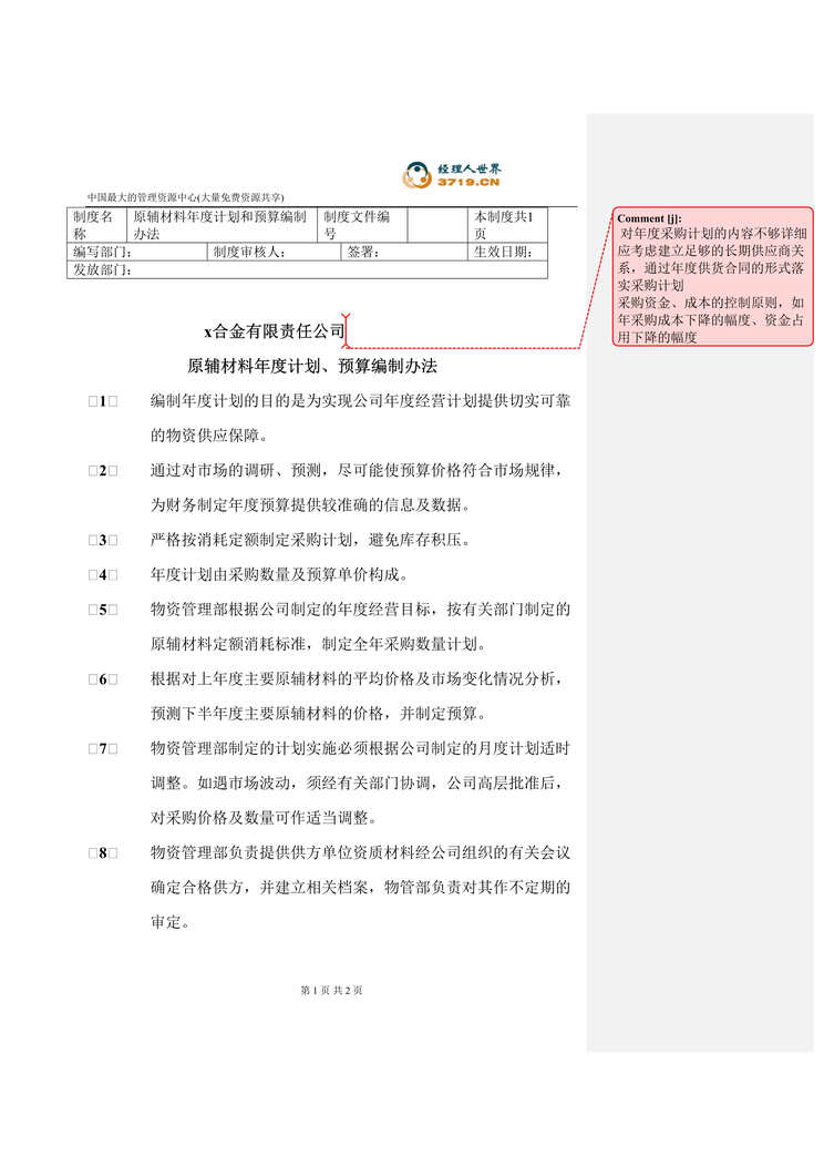 “某合金公司_原辅材料年度计划、预算编制办法(doc)”第1页图片