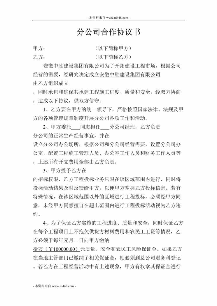 “中胜建设集团分公司合作协议书DOC”第1页图片