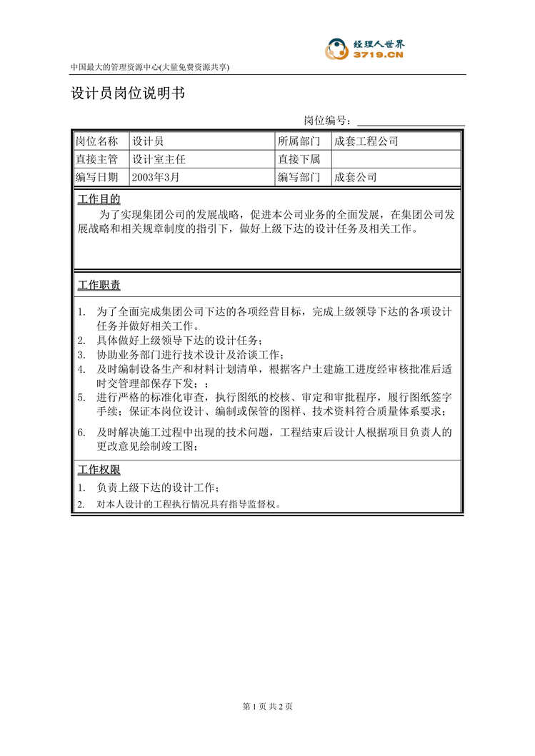 “饲料经营企业设计员岗位说明书(doc).rar”第1页图片