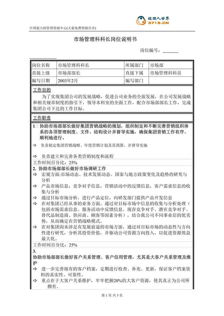 “饲料经营企业市场管理科科长岗位说明书(doc).rar”第1页图片