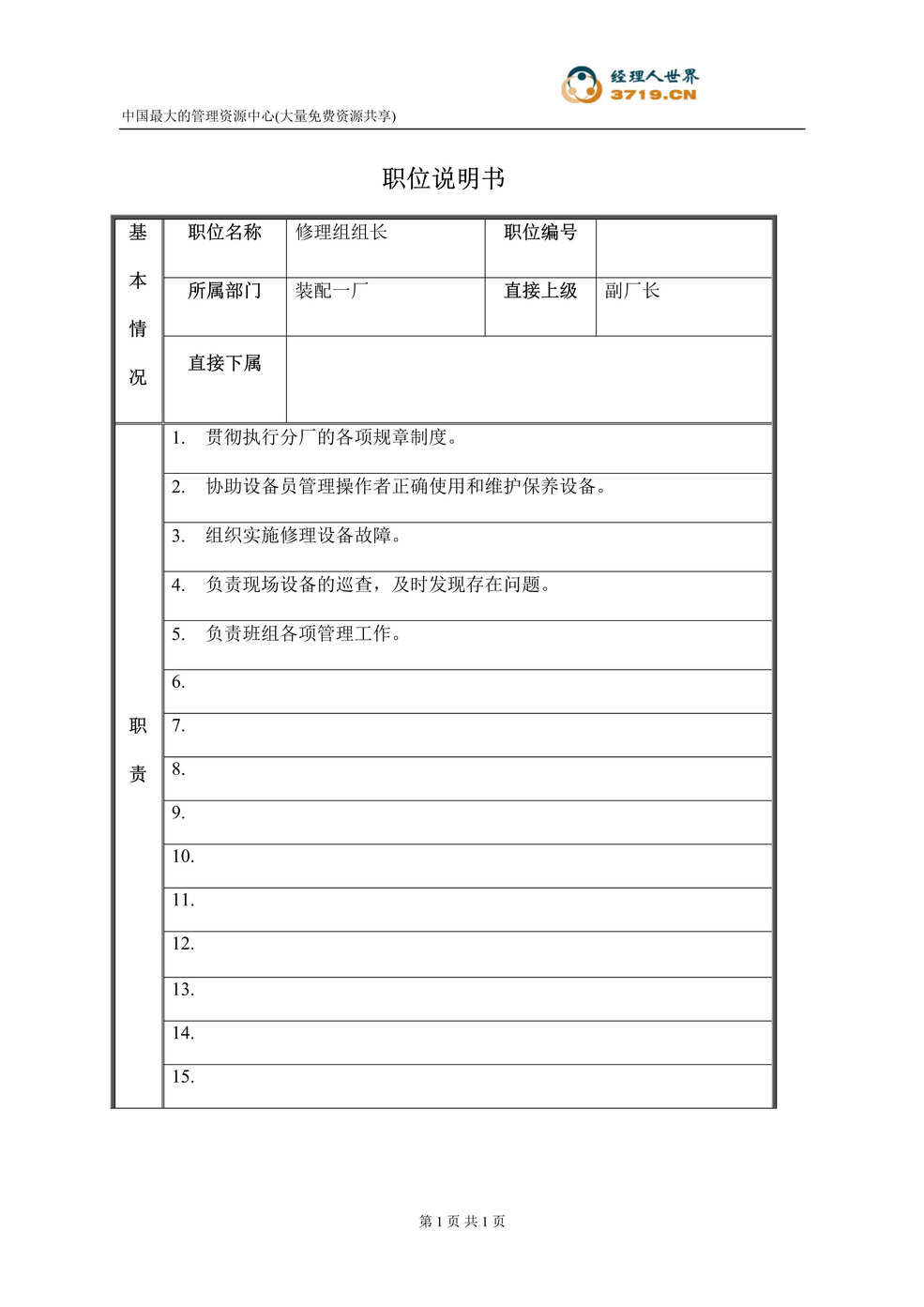 “柴油机制造公司职位说明书-修理组组长(doc).rar”第1页图片