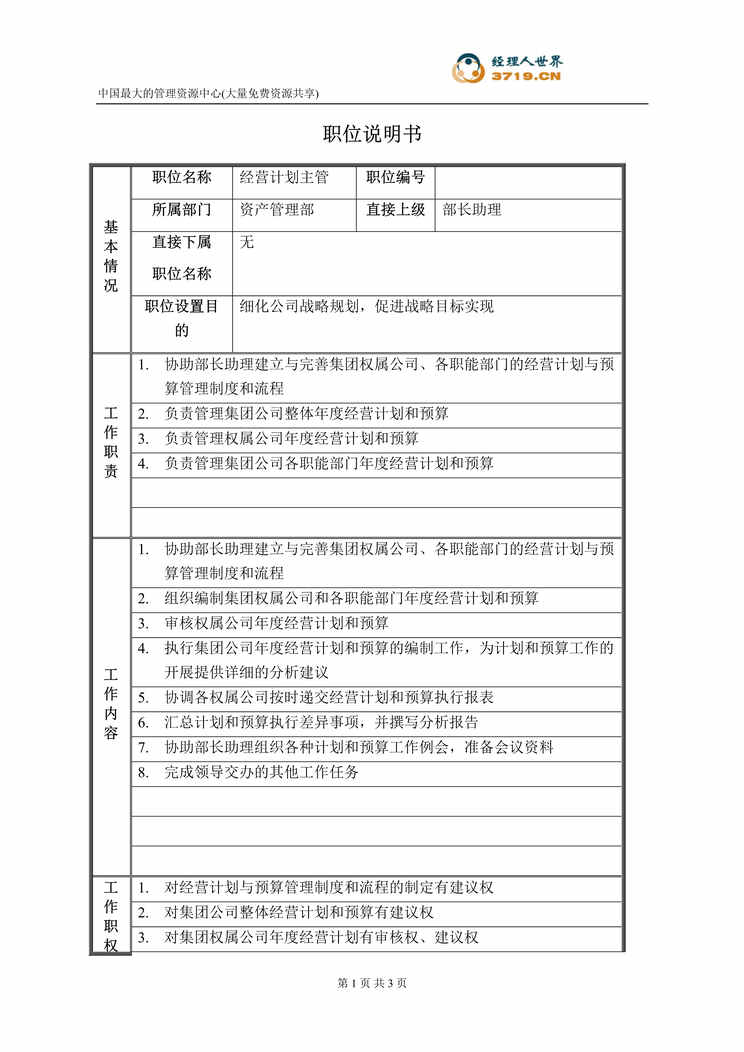 “药业集团资产管理部经营计划主管职位说明书(doc).rar”第1页图片