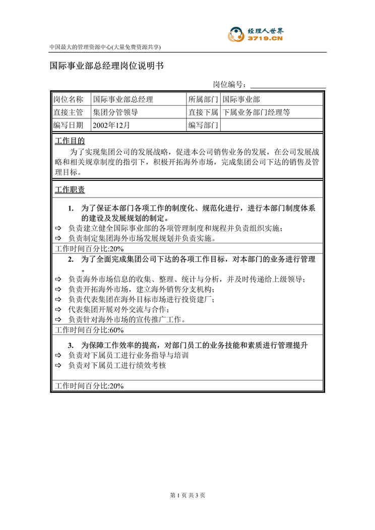 “饲料经营企业国际事业部总经理岗位说明书(doc).rar”第1页图片