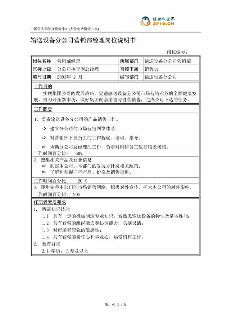 “饲料机械公司营销部经理岗位说明书(doc).rar”第1页图片