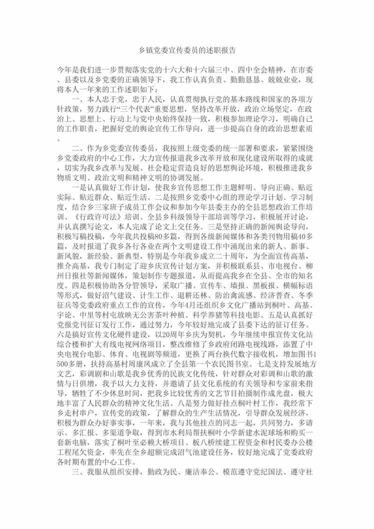 “乡镇党委宣传委员的述职报告(doc).rar”第1页图片