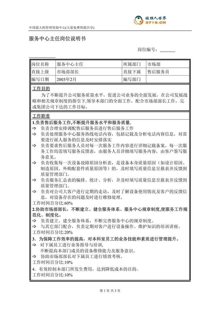 “饲料经营企业服务中心主任岗位说明书(doc).rar”第1页图片