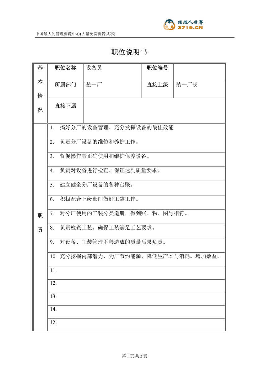 “柴油机制造公司职位说明书-设备员(doc).rar”第1页图片