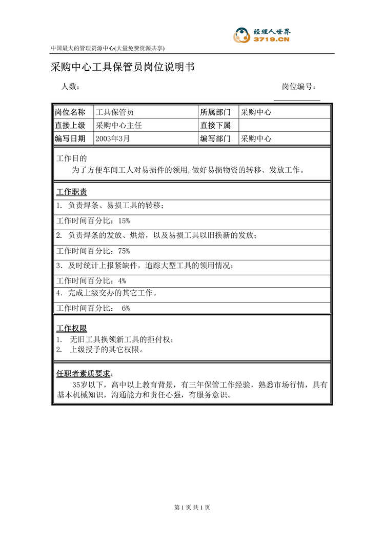 “饲料机械公司工具保管员岗位说明书(doc).rar”第1页图片