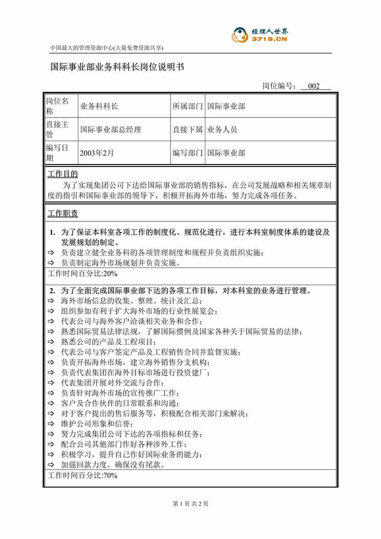 “饲料经营企业业务科科长岗位说明书(doc).rar”第1页图片