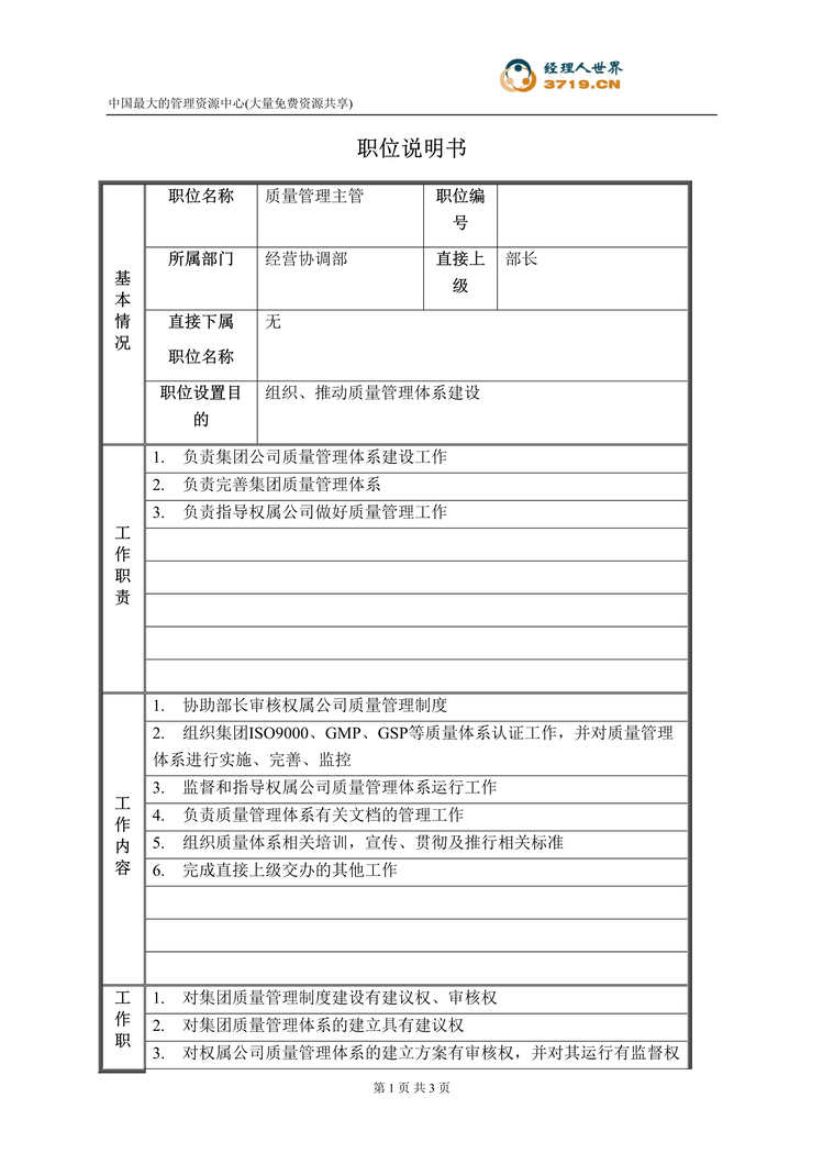 “药业集团经营协调部质量管理主管职位说明书(doc).rar”第1页图片