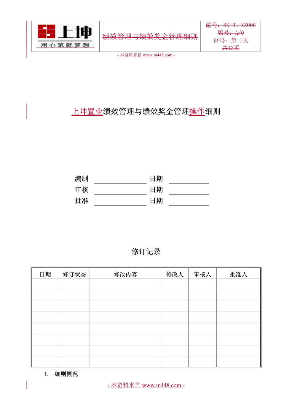 “上坤置业绩效管理与绩效奖金管理操作细则DOC”第1页图片