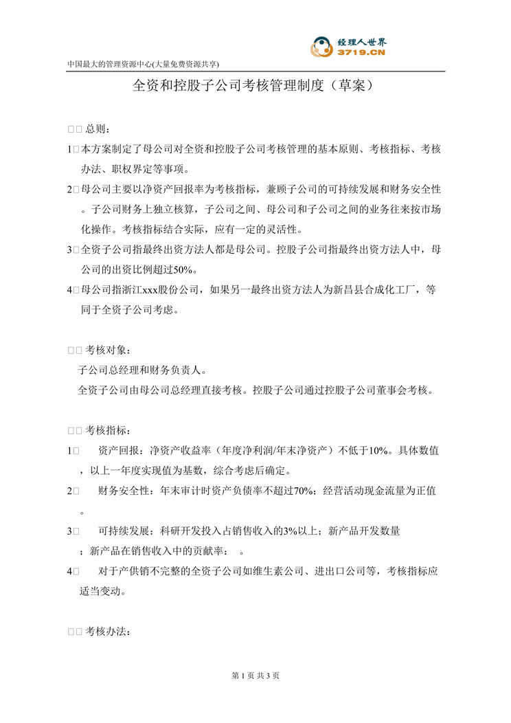 “某药业公司全资和控股子公司考核管理制度(doc).rar”第1页图片