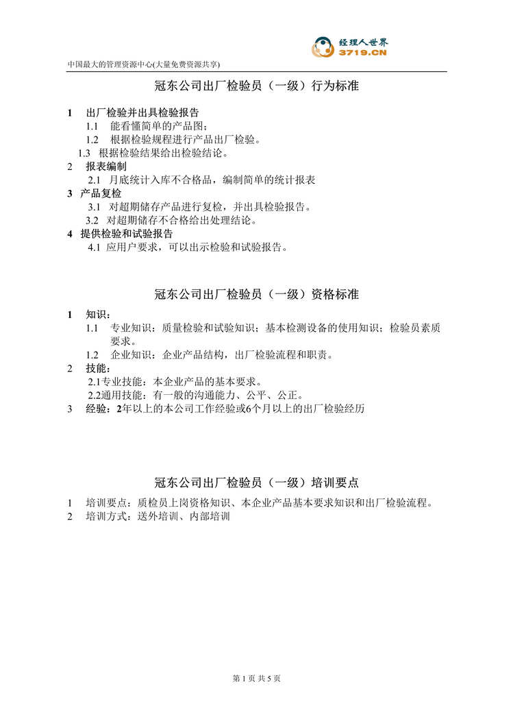 “任职资格等级标准及不同等级培训要点-出厂检验员(doc).rar”第1页图片