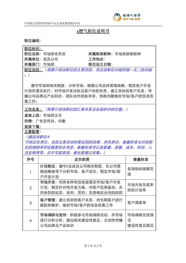 “x燃气公司市场部业务员职责说明(doc).rar”第1页图片