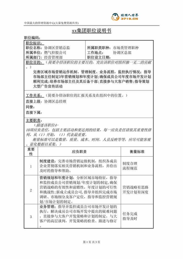 “燃气公司大区营销总监职位说明书(doc).rar”第1页图片