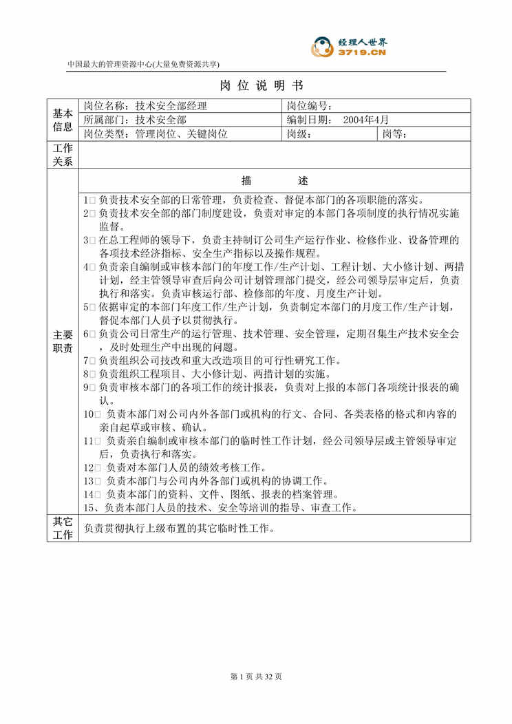 “x电力公司技术安全部-岗位说明书汇总(doc 29).rar”第1页图片