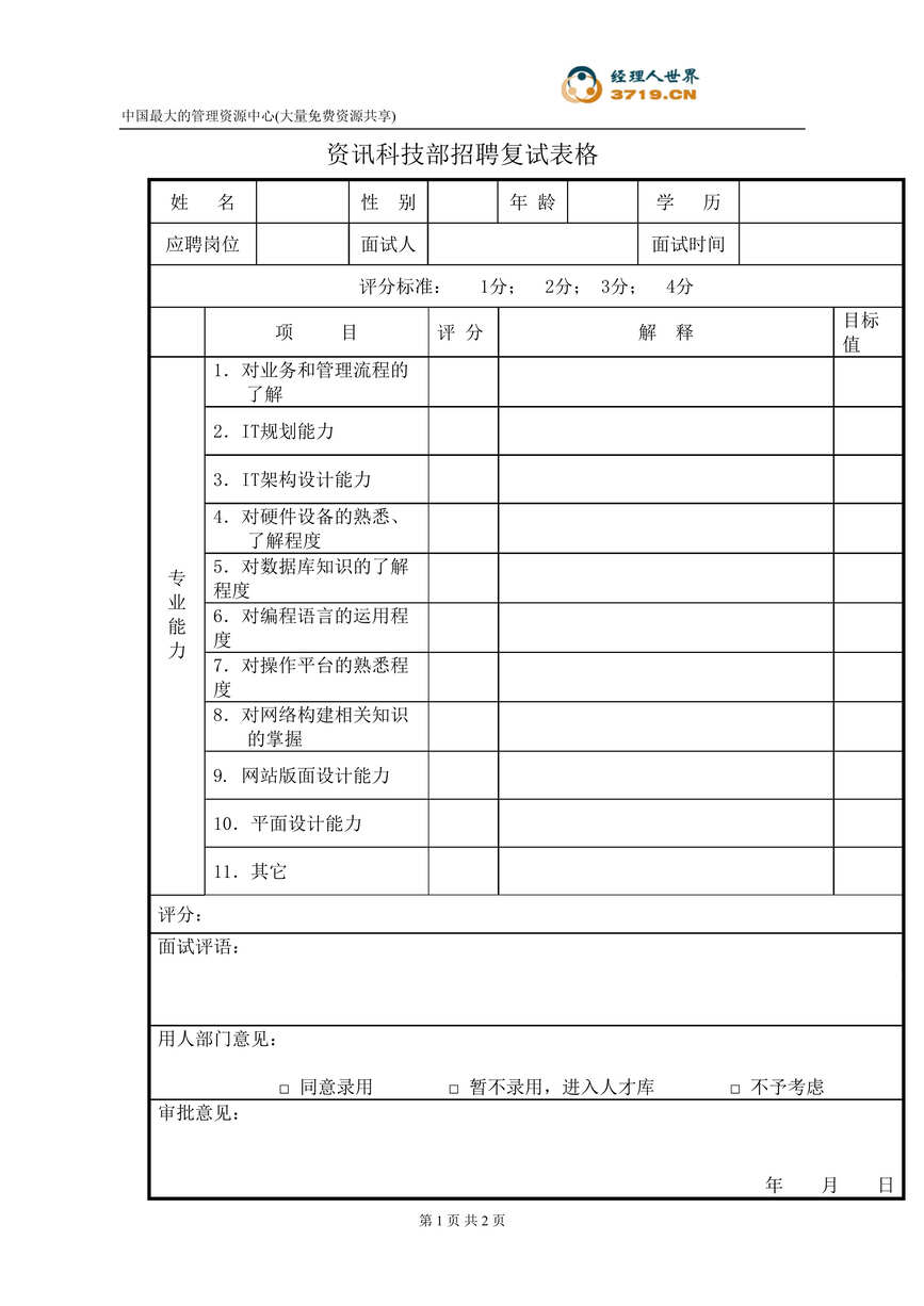 “港x旅酒店-资讯科技部招聘复试表格(doc).rar”第1页图片