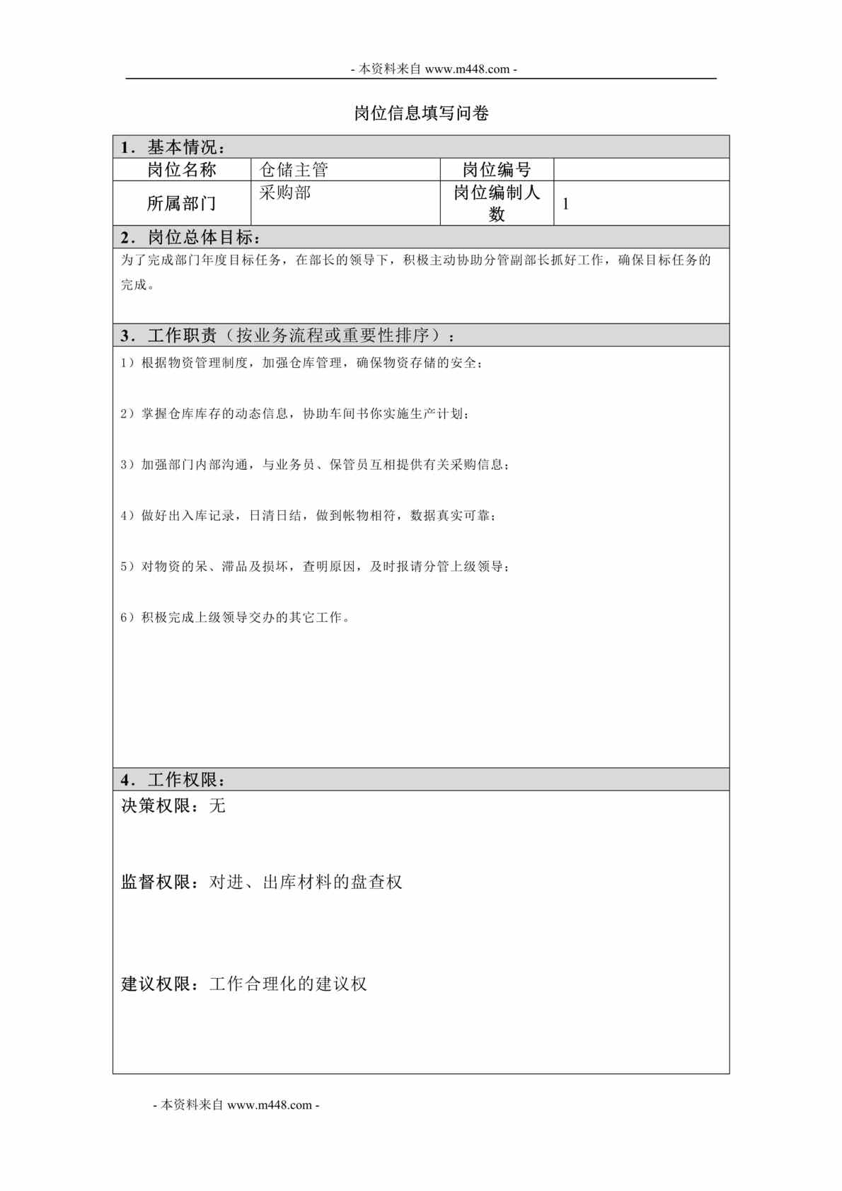 “江西四特酒公司采购部仓储主管岗位信息填写问卷DOC”第1页图片