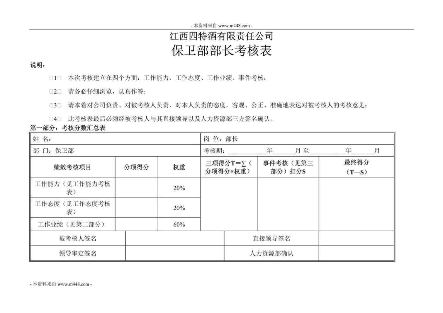 “江西四特酒公司保卫部部长KPI考核表DOC”第1页图片