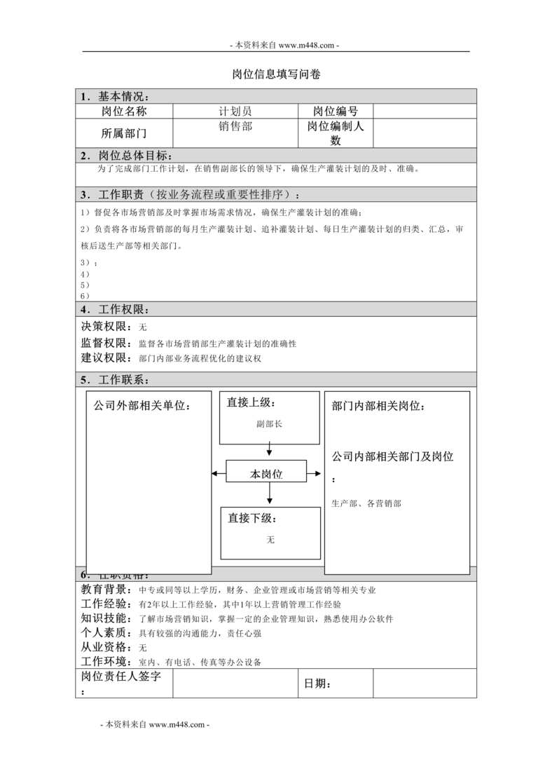 “江西四特酒公司销售部计划员岗位信息填写问卷DOC”第1页图片