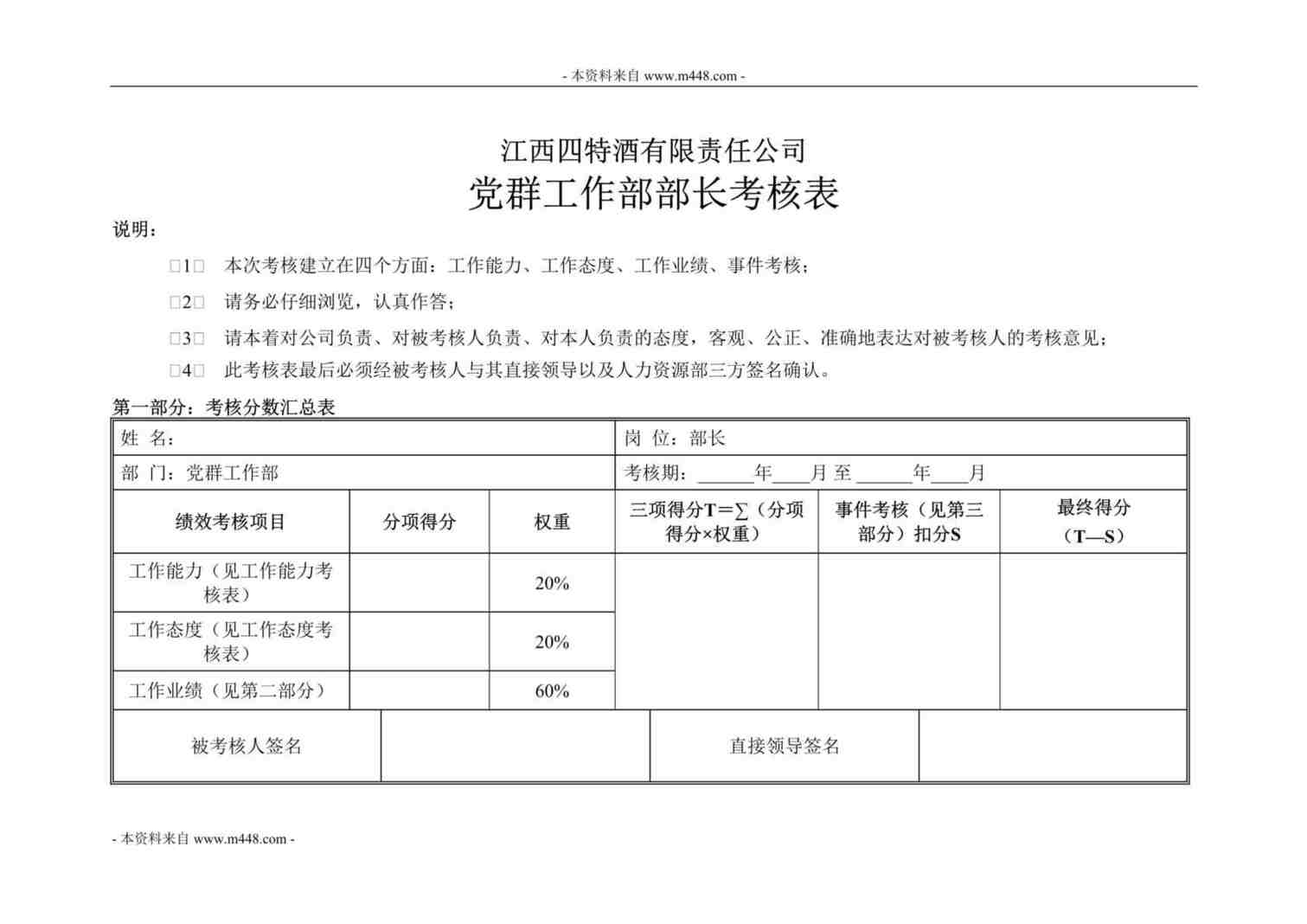 “江西四特酒公司党群工作部部长KPI考核表DOC”第1页图片