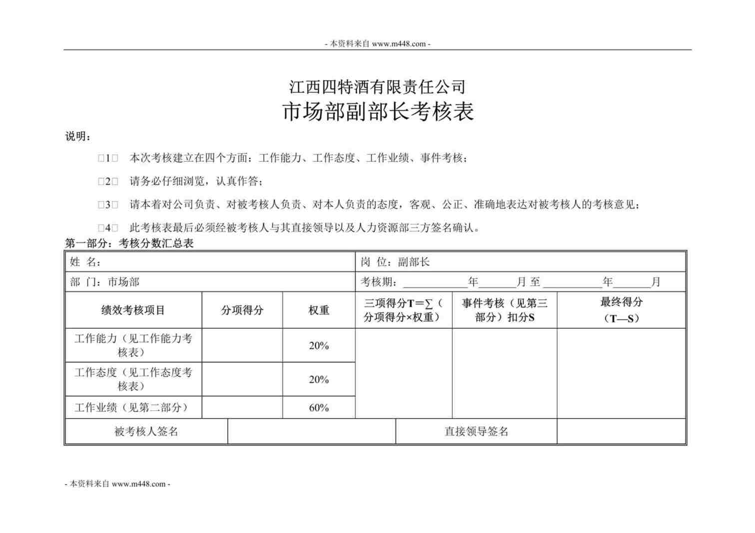 “江西四特酒公司市场部副部长KPI考核表DOC”第1页图片