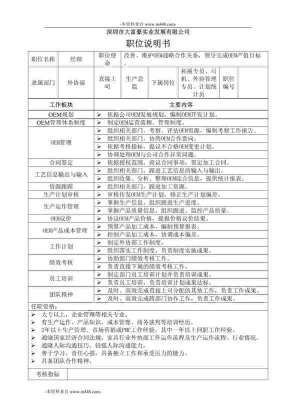 “深圳大富豪实业公司外协部职位说明书汇编DOC”第1页图片