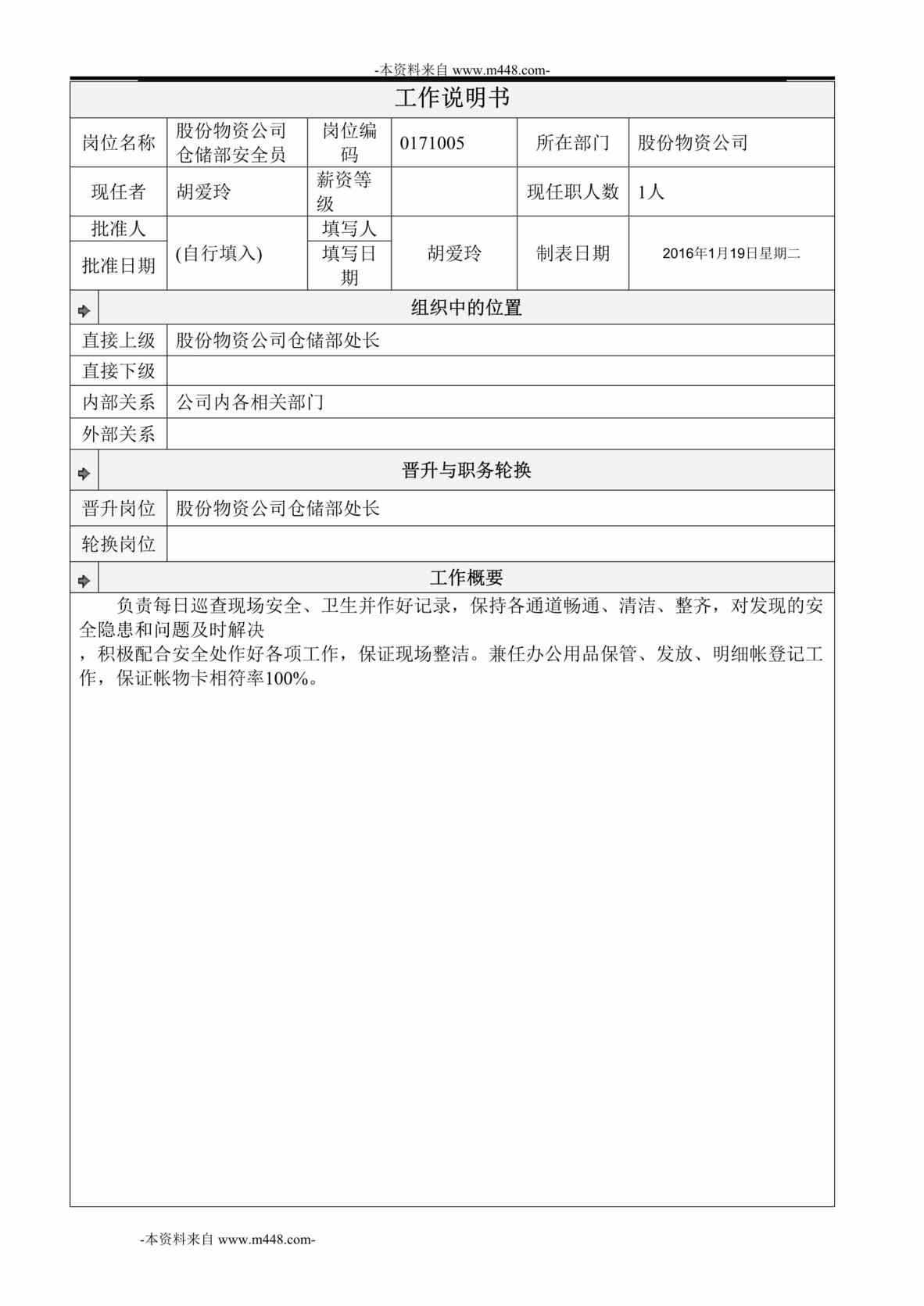 “物资公司仓储部安全员岗位工作说明书DOC”第1页图片