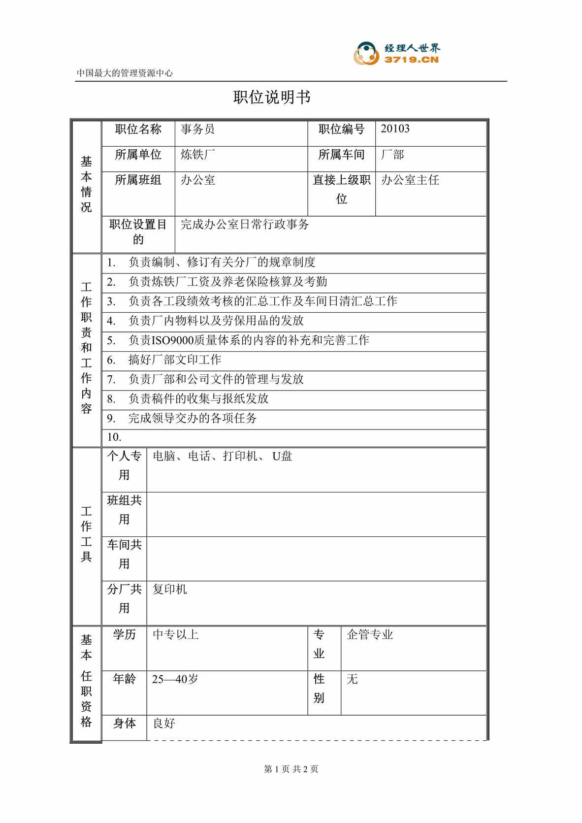 “炼铁厂办公室职位说明书(doc).rar”第1页图片