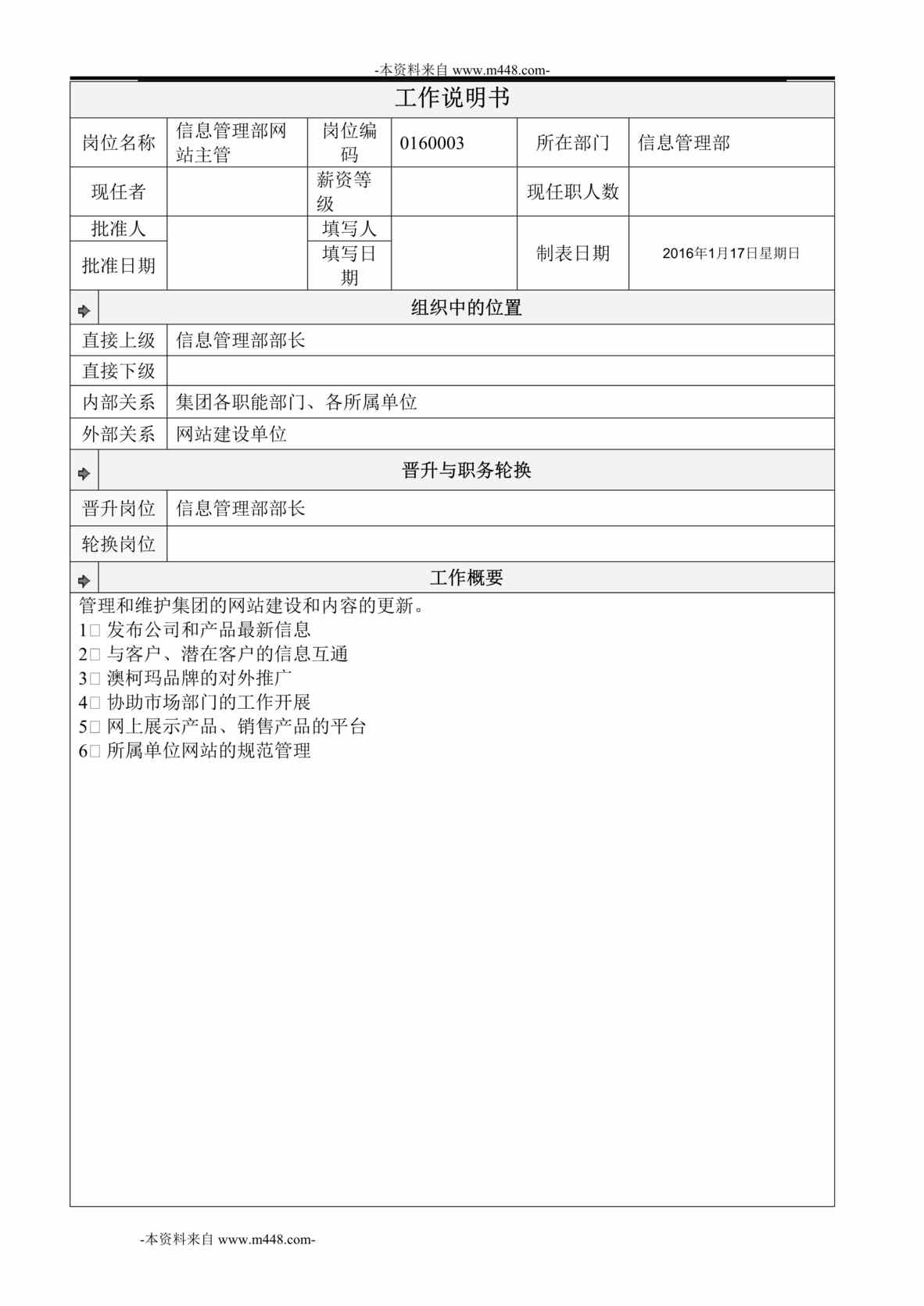 “信息管理部网站主管工作说明书DOC”第1页图片