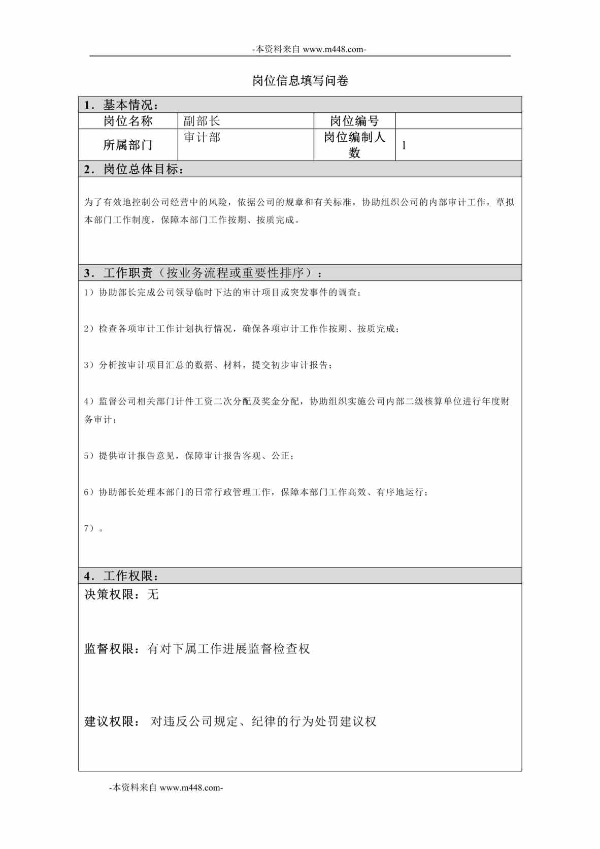 “江西四特酒公司审计部副部长岗位信息(工作分析)问卷DOC”第1页图片