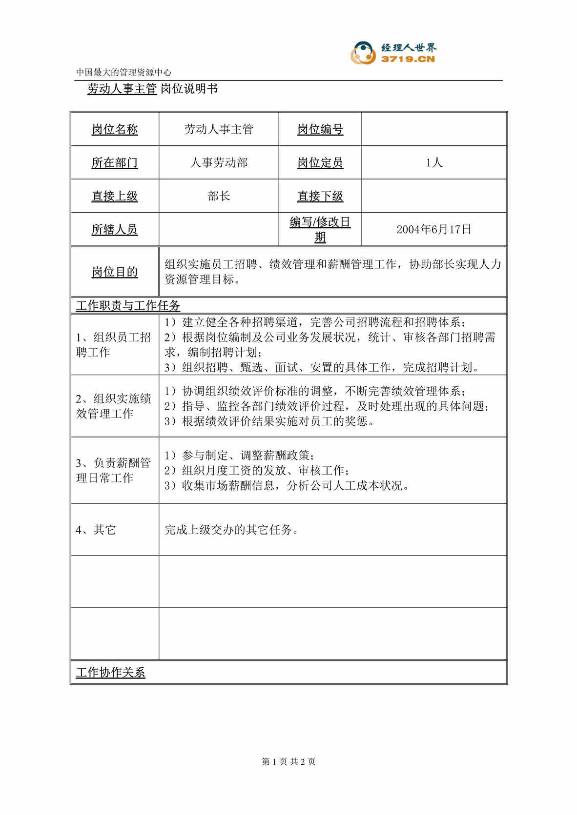 “柳工机械公司劳动人事主管岗位说明书(doc).rar”第1页图片