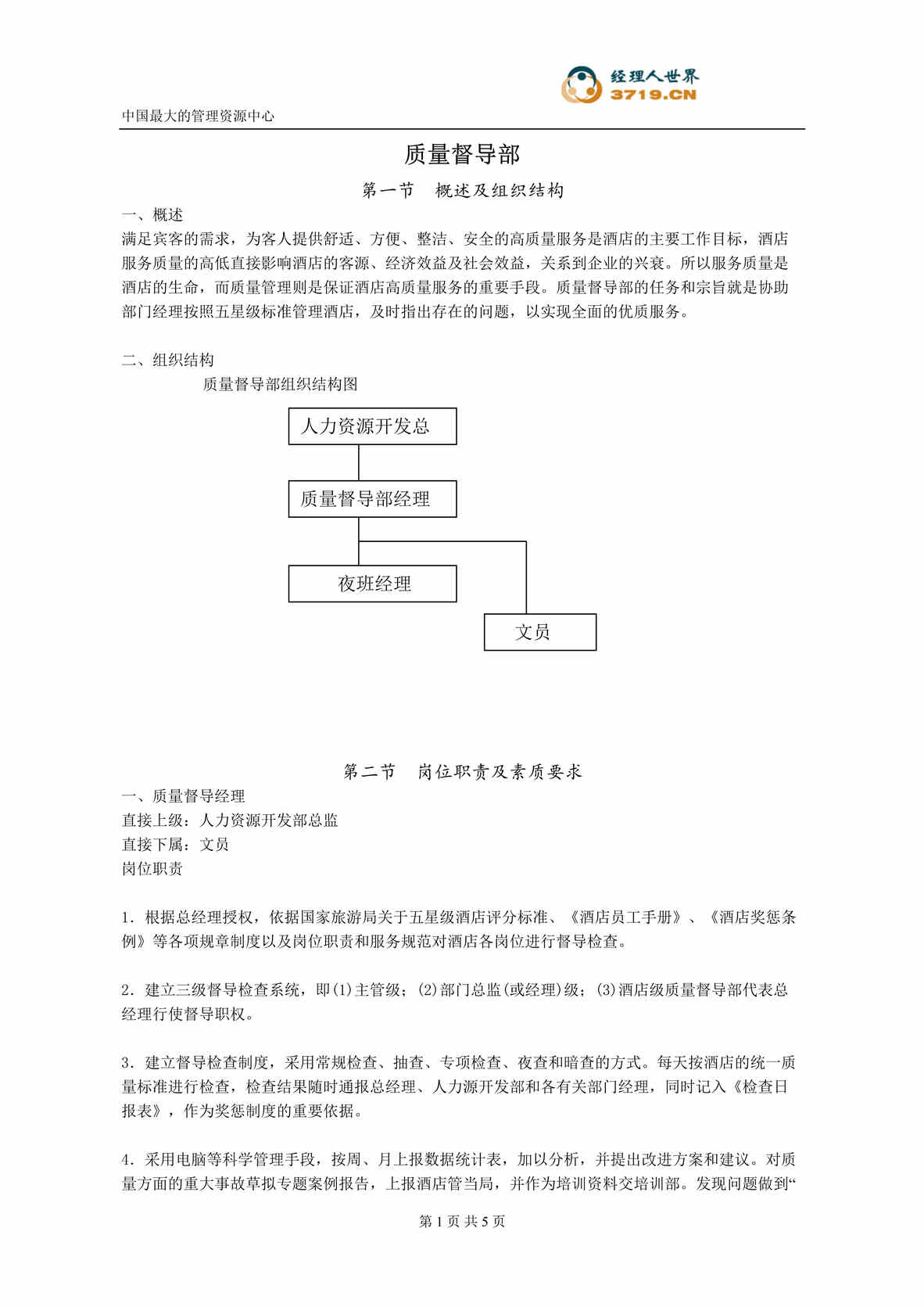 “x酒店规范人力资源管理篇-质量督导部(doc).rar”第1页图片