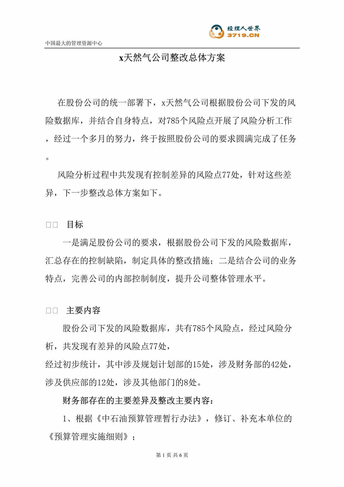 “x天然气公司整改总体方案(doc).rar”第1页图片