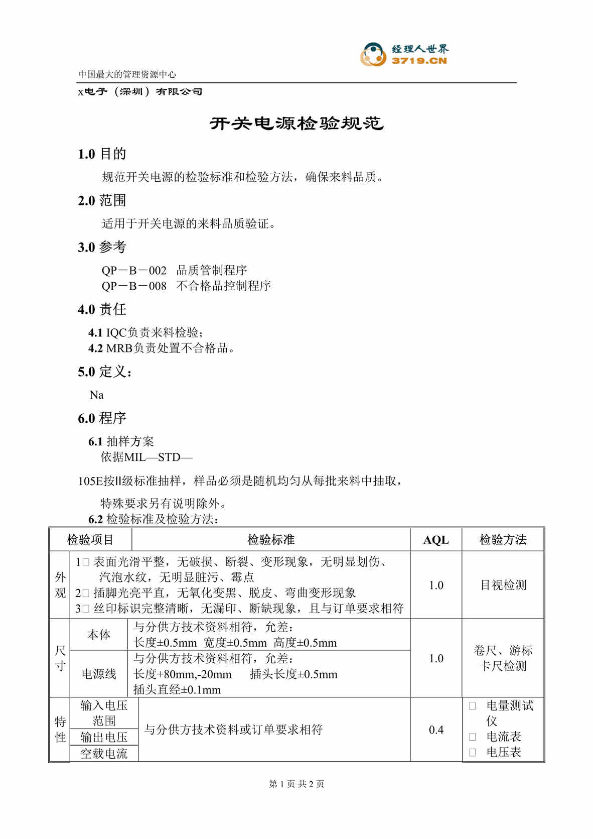 “x赛龙电子IQC检验标准-开关电源检验规范(doc).rar”第1页图片