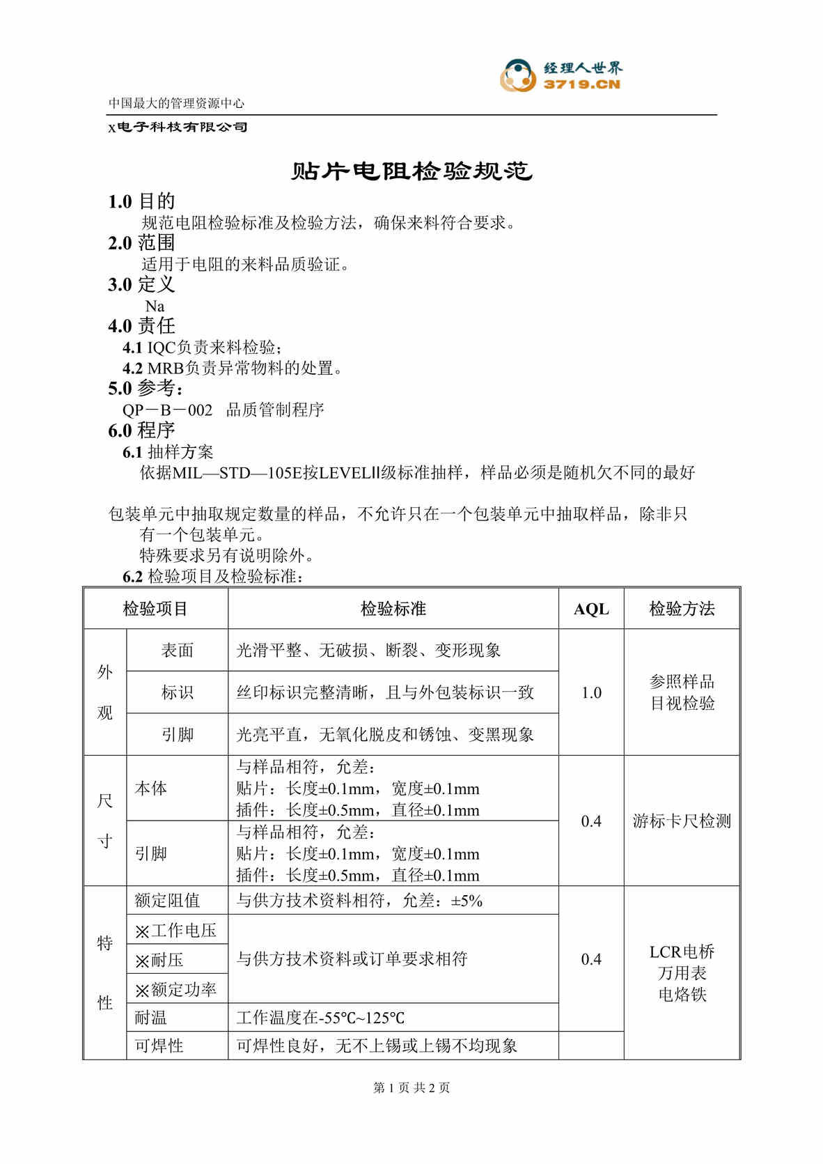 “x赛龙电子IQC检验标准-电阻检验规范(doc).rar”第1页图片