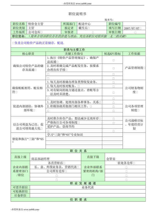 “圣得西服饰公司特价仓主管、特价仓管员职位说明书”第1页图片