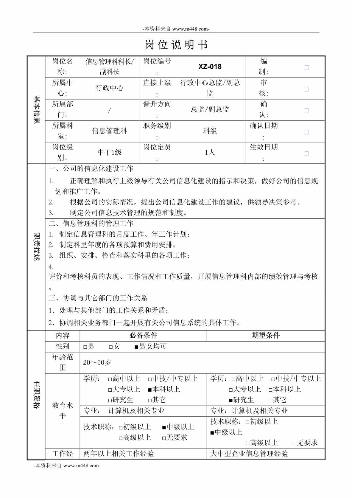 “万家乐燃气具(热水器)公司信息管理科职位说明书汇编DOC”第1页图片