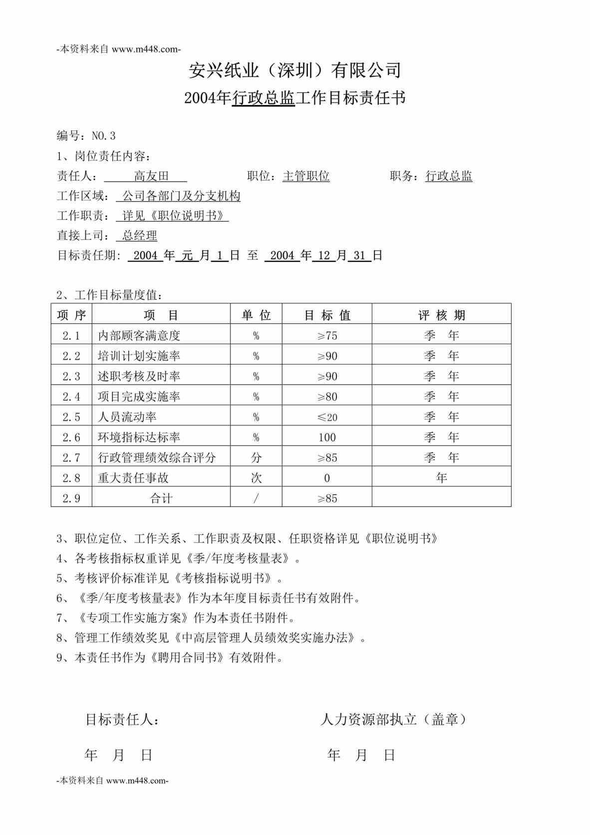 “安兴纸业(造纸)公司行政总监目标责任书与职位说明书及考核量表DOC”第1页图片