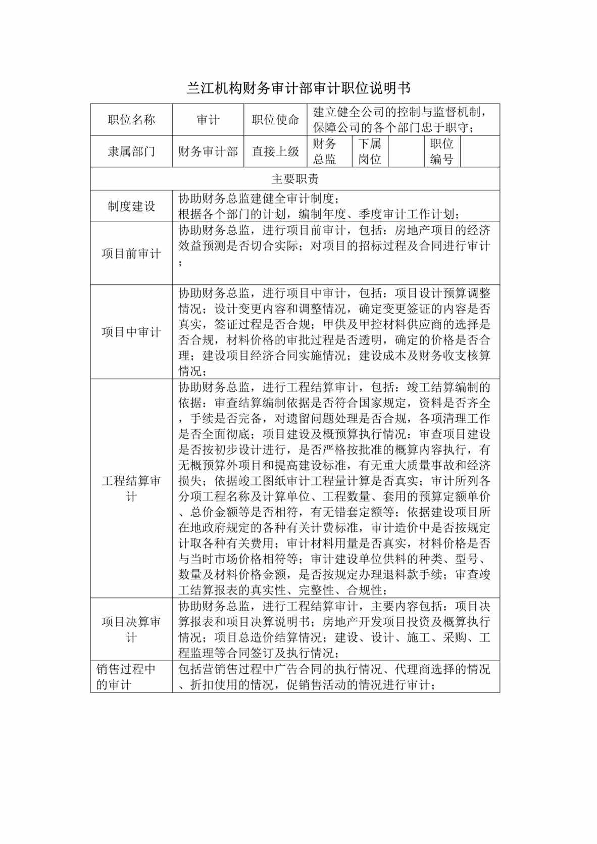 “兰江地产公司财务部门职位说明书汇编”第1页图片